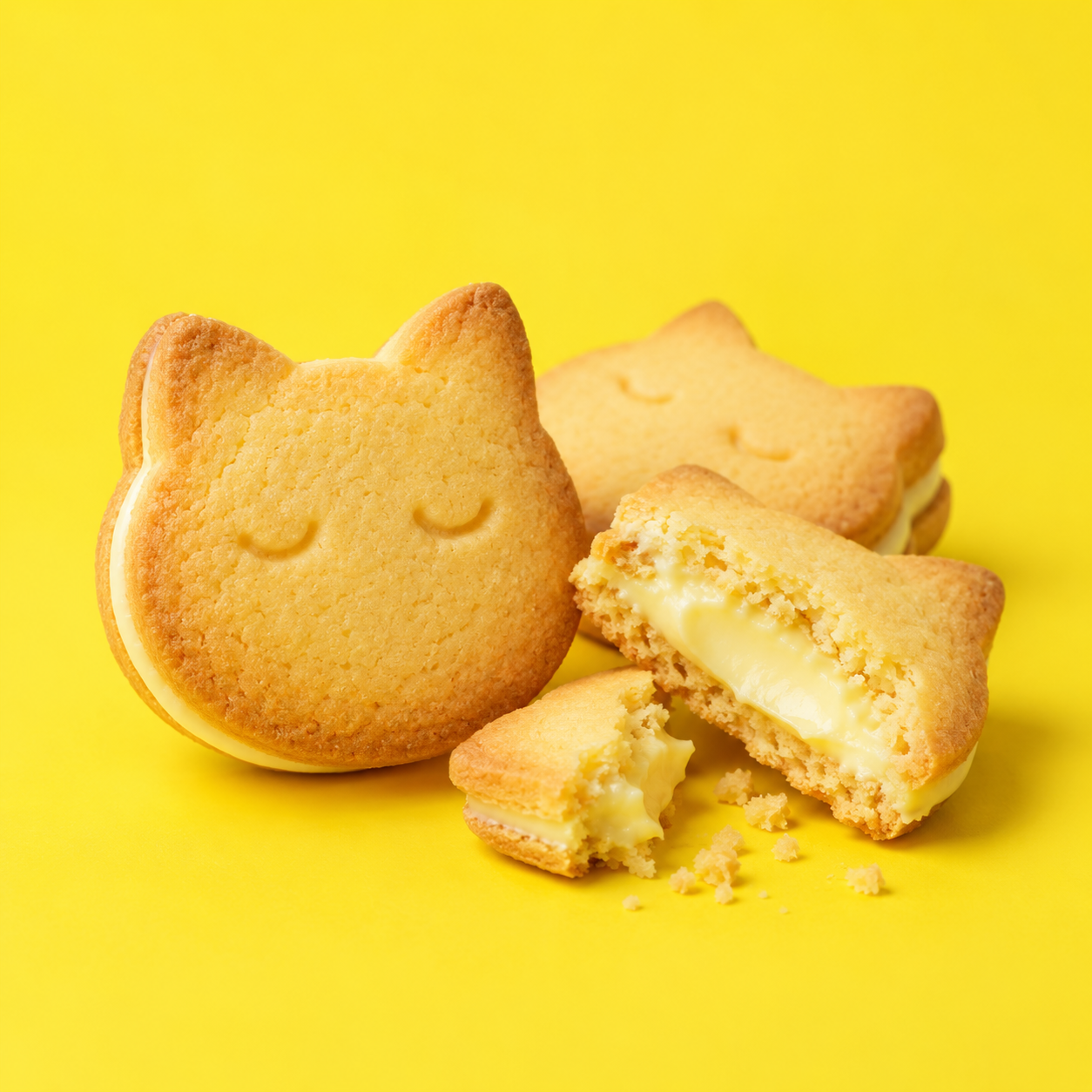 猫の顔のかたちに焼き上げたレモンバターサンドと、クリームが見える断面